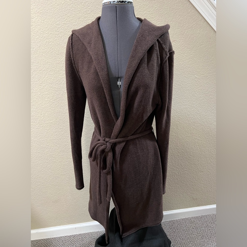 GAP Women’s Brown Hooded Wrap Cardigan Sweater Belted Longline Open Front